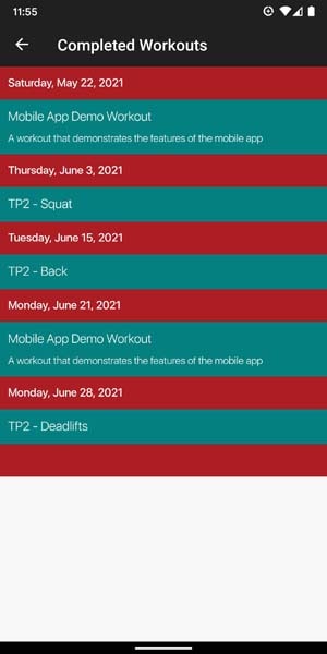 Completed Workouts Page